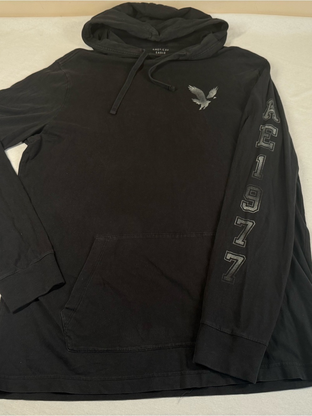 American Eagle Outfitters Black Hooded Long-Sleeve Pullover with AE 1977 Sleeve